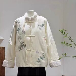 Elegant Floral Embroidered Women's Satin Cotton-Padded Jacket